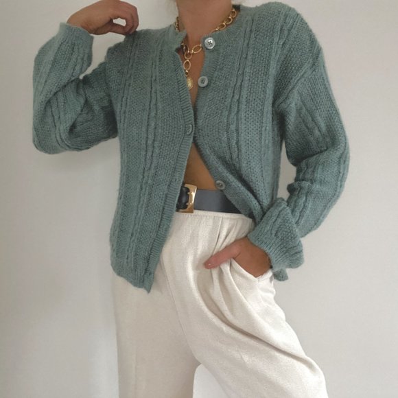 Vintage L.L. Bean Sage Green Mohair Cable Knit Cardigan Sweater - Picture 2 of 13